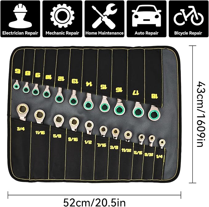Ratcheting Wrench Set, Combination Wrench Set Metric And Standard & SAE With Color Ring, 1/4" to 3/4" & 6-18mm, 23PC Open End Ratchet Wrenches With Roll Up Pouch, CRV Socket Mechanic Tool Sets