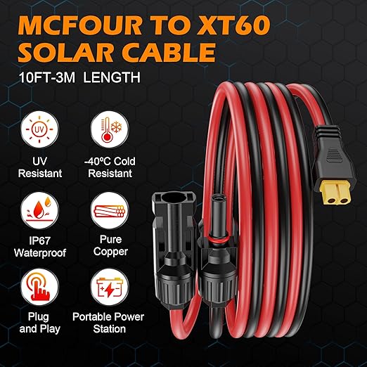 10AWG XT60 Solar Cable,10Ft-3M MCfour to XT60 Solar Cable with XT60 Adapter XT60 Connector for Portable Power Station(Red and Black).