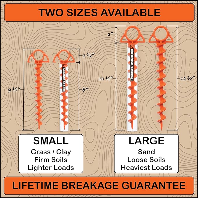 Orange Screw Ultimate Ground Anchors: Heavy Duty Screw-in Tent Stakes for High Wind, Sand, Canopies, and Camping - Made in USA, Included T-Grip Tool - (Small, Single Pack, Orange)