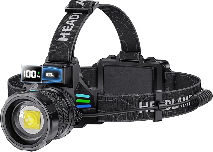 Super Bright Headlamp Rechargeable 99000 High Lumens LED Head Lamp Battery Powered,12 Modes Waterproof Comfortable Headlight Zoomable Digital Display Headlamps for Hardhat Camping Hiking Fishing