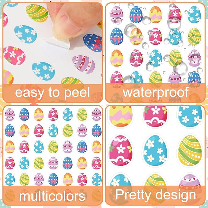 JarThenaAMCS 2400Pcs Easter Egg Mini Sticker Colorful Paper Decals 6 Egg Styles Self-Adhesive Stickers for Spring Holiday Envelopes Scrapbook Gifts DIY Supplies, 0.4 x 0.5 in