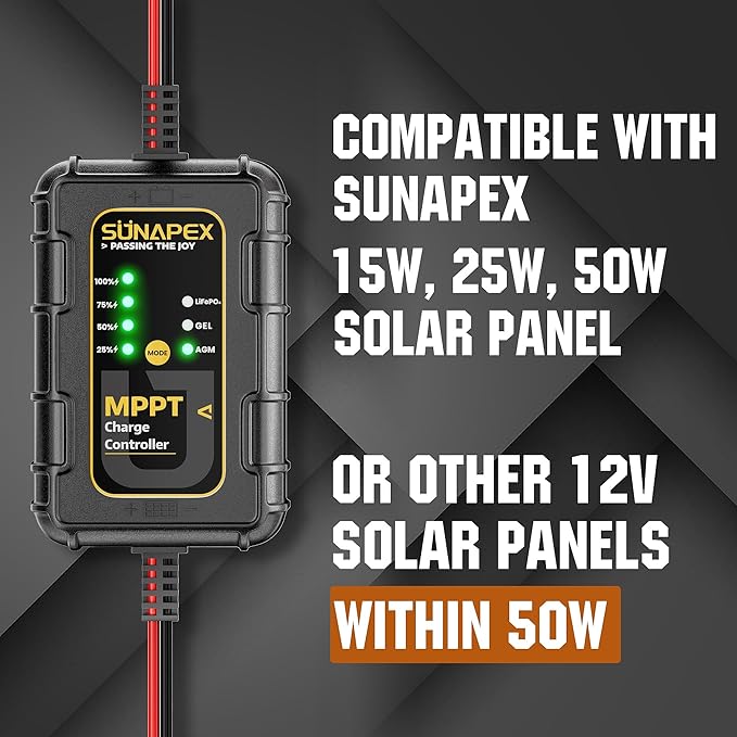 SUNAPEX 12V MPPT Solar Charge Controller, Solar Panel Regulator with SAE Connectors, Compatible with SUNAPEX 15W, 25W, 50W Solar Panels, or Other Solar Panels Within 50W, for Gel, AGM,LiFePO₄Battery