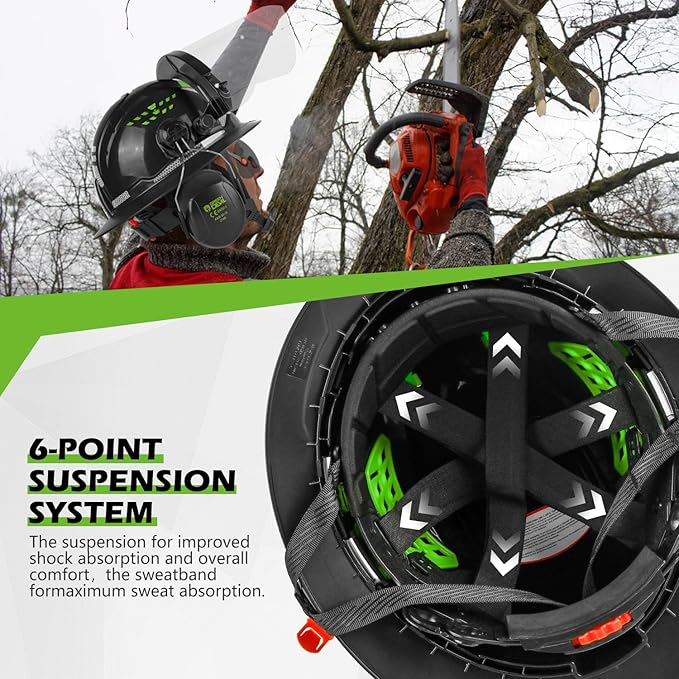 GREEN DEVIL Industrial Chainsaw Helmet with Face Shield Built in Visor and Ear Muffs 4 in 1 System ANSI Z89.1 Safety Hard Hat Adjustable Headgear Ideal for Forestry and Arborist Work Full Brim Style