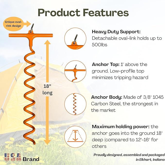 in-N-Out Spiral Ground Anchors - Heavy Duty Screw in Ground Stakes - Corkscrew Earth Anchor Kits- for Canopies, Soccer Goals, Trampolines, Tents, Tarps, Trees and Dog Tie Out