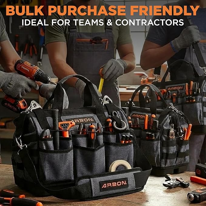 Arbon Electrician Tool Bag – Heavy Duty Organizer with 34 Pockets, Large Storage for Men, 5-Layer Reinforced Walls, Metal Frame, Hard Molded Base, Water Resistant Polyester PP Plastic, Grey, 52+ lb