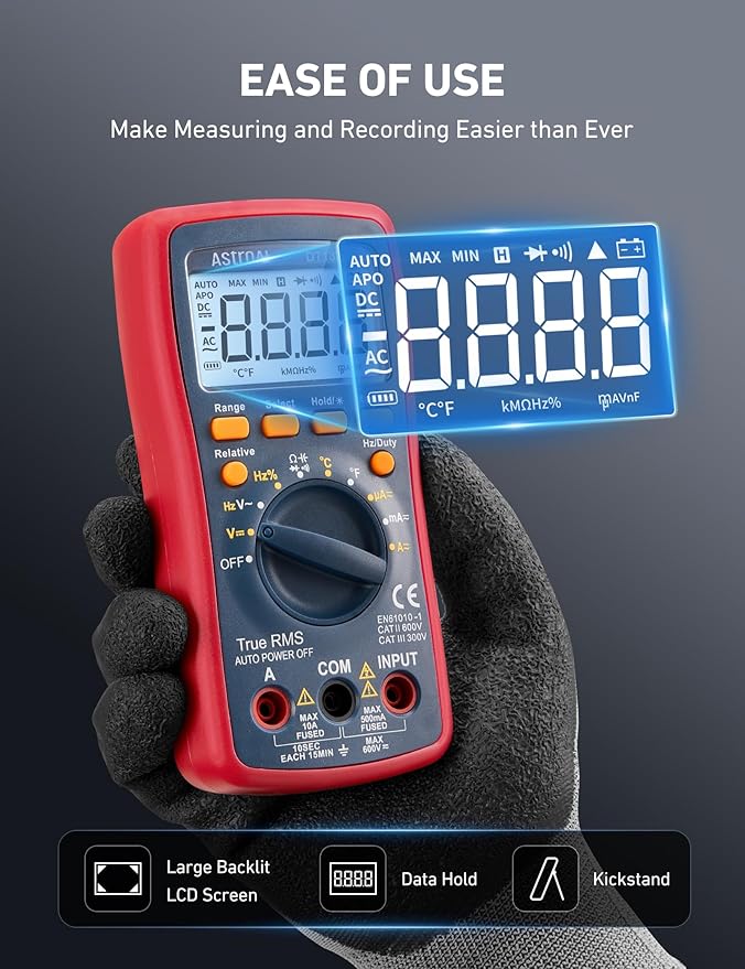 AstroAI Digital Multimeter, TRMS 4000 Counts Volt Meter (Manual and Auto Ranging); Measures Voltage Tester, Current, Resistance, Continuity, Frequency; Tests Diodes, Temperature (Red)