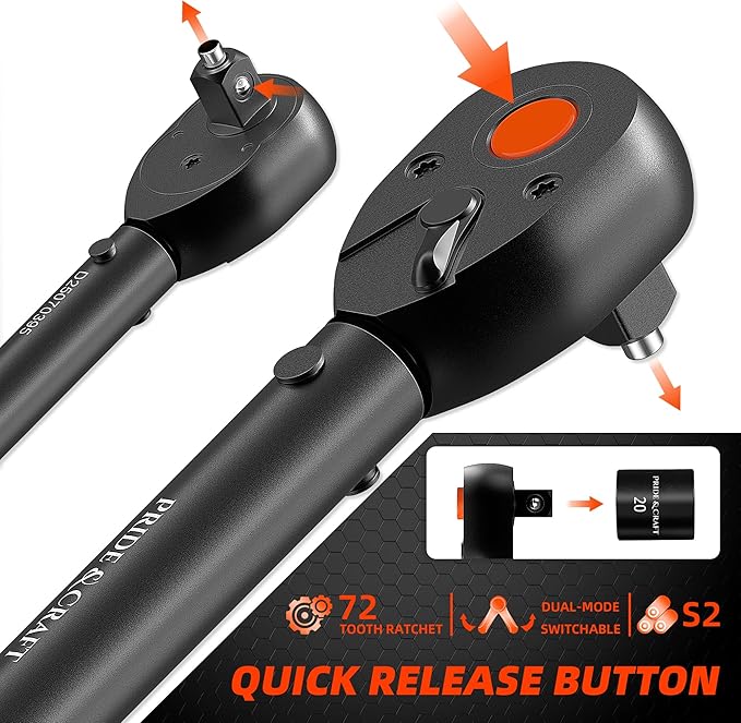 PRIDE&CRAFT 3/8 Inch Drive Click Torque Wrench, 3% High Precision Adjustable Dual Direction, 72-Tooth, 5-50 lbf.ft/6.8-68 Nm Torque Wrench for Bike, Motorcycle and Car Repair, Orange Black