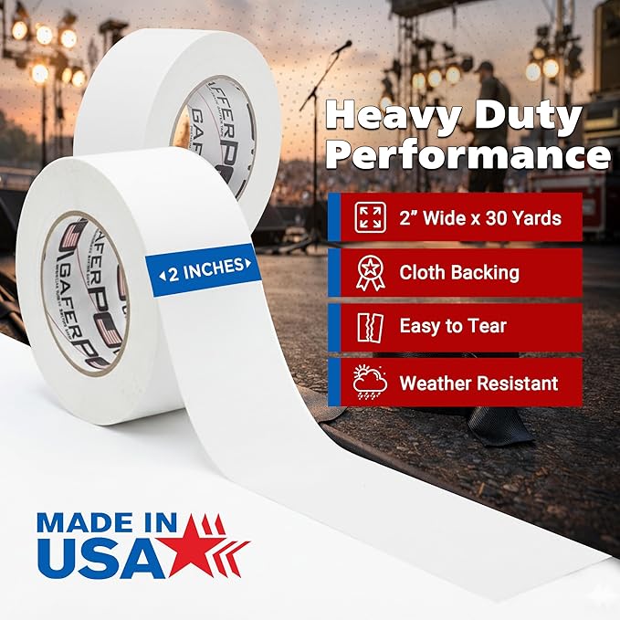 White Gaffer Tape 2 Inch x 30 Yards, Pro Grade Made in USA, Residue-Free Removal, Matte Non Reflective Cloth Tape, Writable Surface for Cable Labeling, Floor Tape for Stage & Studio