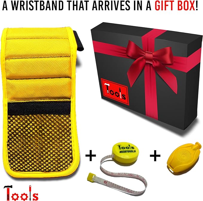 Magnetic Wristband with Flashlight and Tape Measure – Screw, Drill Bit, and Nail Holder with 20 Strong Magnet Pieces Increases Convenience for DIY, Carpenters, Mechanics, and More by MEBTOOLS