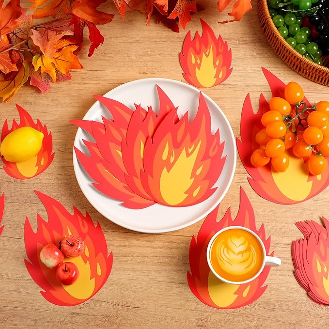 48 Pcs Fire Stickers 3 Sizes Fire Party Decorations Set Flame Cutouts Flame Decals for Firefighter Birthday Survivor Camping BBQ Party Decorations Supplies with Adhesive Dots