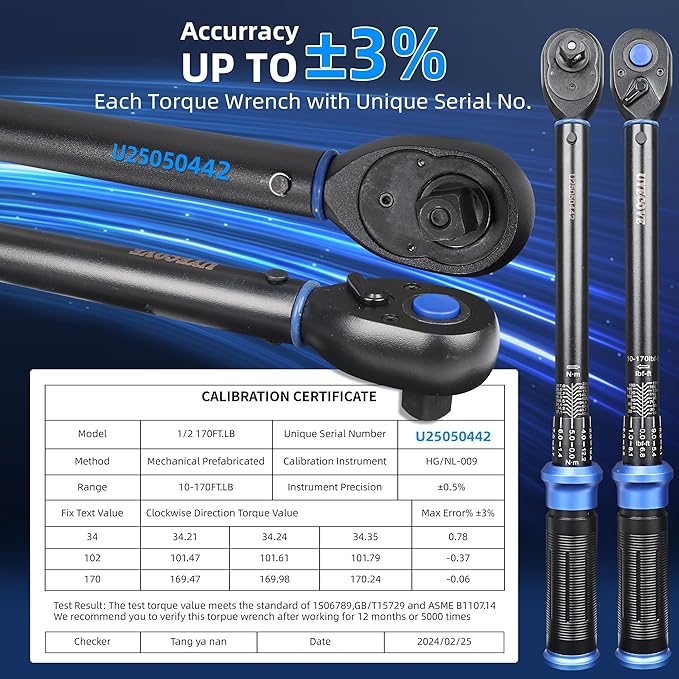 1/2-Inch Drive Click Torque Wrench, Dual-Direction Click Professional Torque Wrench 10-170FT.LB/13.6-230.5N.M, Dual Range Scales Graduated in FT.LB and N.M, Blue