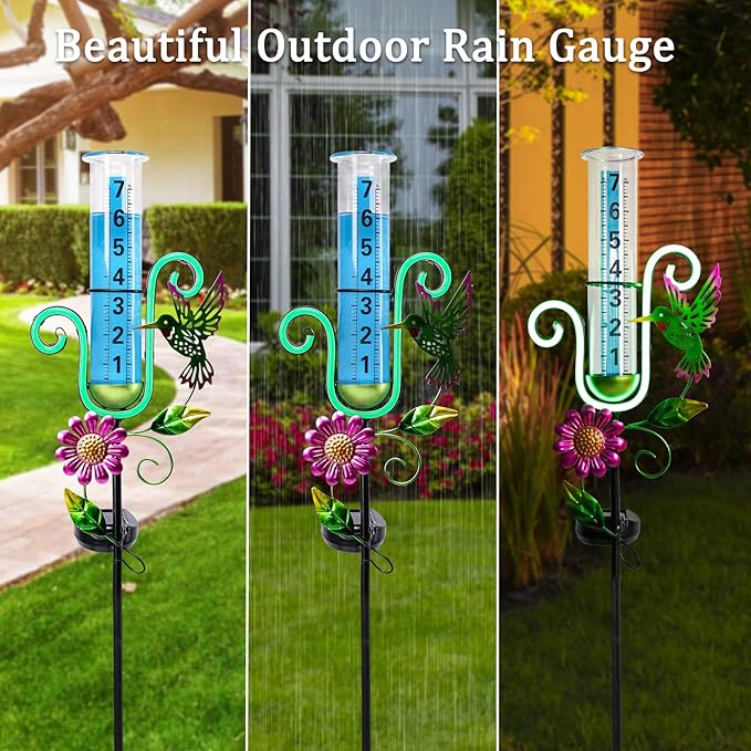 WONDER GARDEN Rain Gauge Outdoor,Hummingbird with Led Neon Lights Decorative Rain Gauge,Freeze Proof Solar Rain Gauges Outdoors Best Rated for Yard,Garden,Lawn Decor