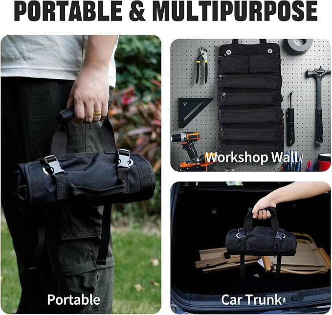 Portable Foldable Roll Up Tool Bag Organizer with 5 Compartments & 2 Detachable Pouches, Heavy Duty Waterproof Tool Pouch Bag for Secure Tool Storage, Tool Roll for Dad Men Electrician Mechanic Gifts