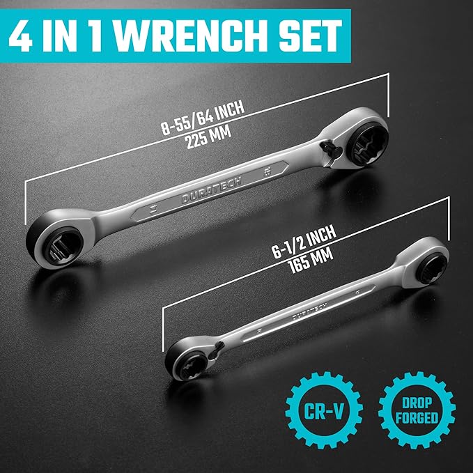 DURATECH 4-in-1 Reversible Ratcheting Box Wrench Set, Double Box End, Metric, 2-Piece, 8, 10, 12, 13 & 14, 15, 17, 19 mm, CR-V Steel, Matte Chrome Plated, with Rolling Pouch