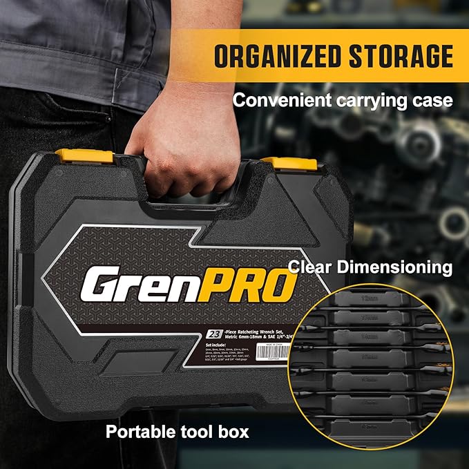 Ratcheting Wrenches Set, Combination Wrench Sets With Organizer Box, 23PC SAE & Metric And Standard, 1/4" to 3/4" & 6-18mm, Open End Wrench Set, Electrophoretic Coating Sock Mechanic Tools