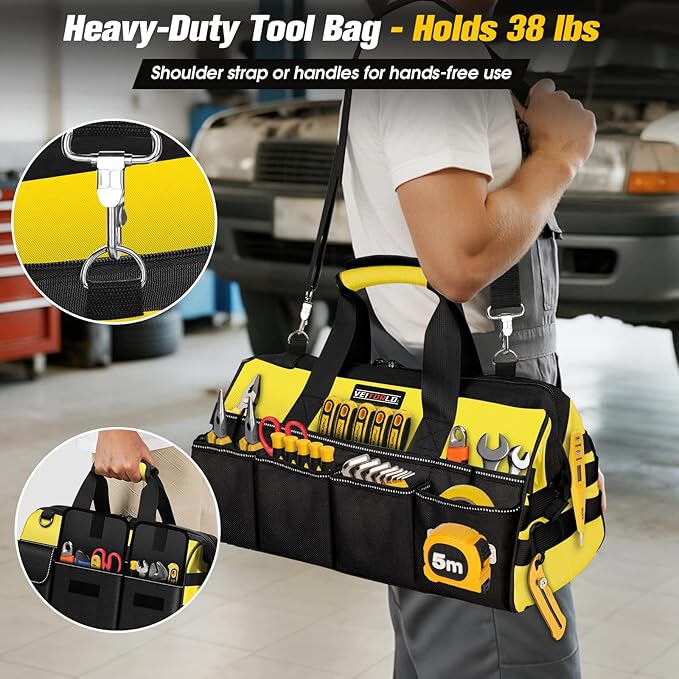 16-Inch Heavy Duty Tool Bag, 19-Pockets Tool Box Organizer, Portable Toolbag W/Soft Handle for Organized Storage, Mechanic Gifts for Men Dad Husband Fathers Day, Wide Mouth Electrician Toolbox, Yellow