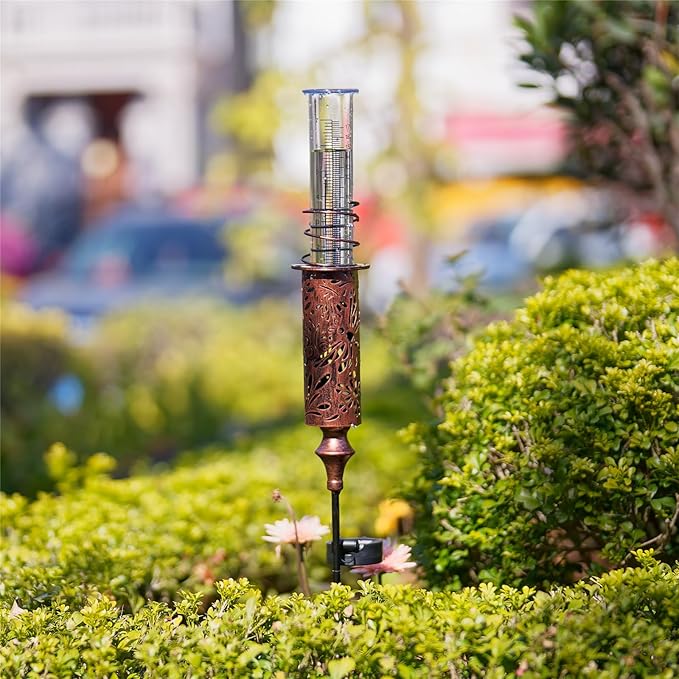 Rain Gauge Outdoor, Solar Rain Gauges for Yard, Freeze Proof Rain Gauge with 7" Plastic Tube, Copper Metal Decorative Garden Stake with Led Light, Brown