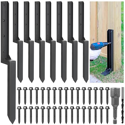 Heavy Duty Steel Fence Post Repair Stakes, Fence Post Anchor Ground Spike, for Repair Tilted/Broken Wood (8 Pack/Black