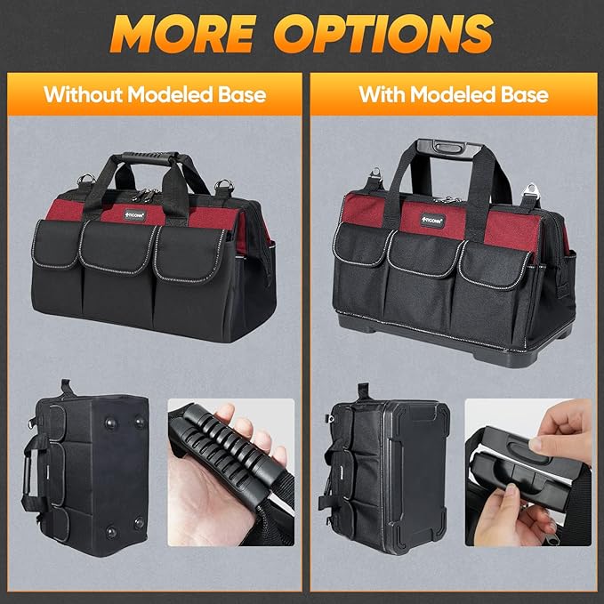 TICONN Heavy Duty Tool Bag with Multi-Pockets, Portable Tool Box Organizer Storage Bag, with Adjustable Shoulder Strap and Ergonomic Handle (Red, 16" Molded Base)