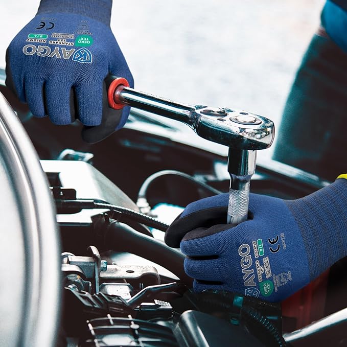 KAYGO Safety Work Gloves MicroFoam Nitrile Coated-12 Pairs, KG18NB,Seamless Knit Nylon Glove with Black Micro-Foam Nitrile Grip,Ideal for General Purpose,Automotive, DIY (Dark Blue, L)