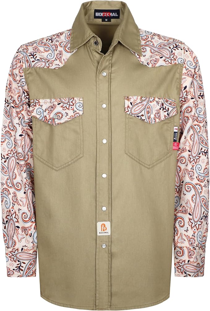 BOCOMAL FR Shirts Pearl Snaps Two Tone Plaid/Solid Flame Resistant Cotton Welding Shirt NFPA 2112 CAT 2