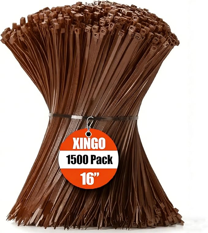 XINGO 16 Inch Brown Zip Ties 1500 PCS, 85 LBS Tensile Strength, UV Resistant Cable Ties, Premium Self-locking Plastic Ties for Indoor and Outdoor Use