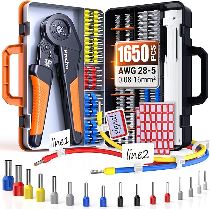 Preciva Ferrule Crimping Tool Kit - AWG 28-5 (0.08-16mm²) Hexagonal Ferrule Crimper with 1500Pcs Ferrules Connectors and 150Pcs Cable Ties, Self-Adjustable Ratchet Ferrule Terminals Crimping Tool