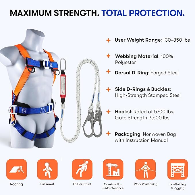 Sorano Safety Harness Fall Protection Kit, Full Body Roofing harnesses with Shock Absorbing Lanyard for Men & Women OSHA/ANSI Compliant, Full Body Chest Harness for Hunting, Climbing & Construction
