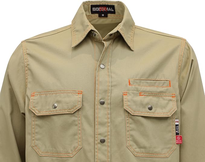 BOCOMAL FR Shirts for Men Snaps Down 7.5oz Water Repellent Fire Resistant Welding Jackets-NFPA2112 CAT2