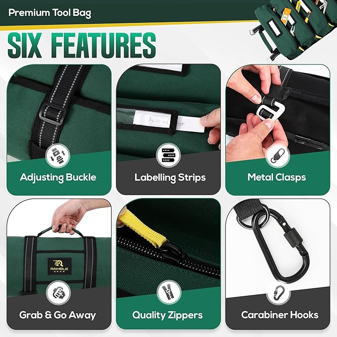 Roll Up Tool Bag Organizer – Heavy Duty Canvas Tool Roll Bag, Tool Roll Up with 5 Oversized Labeled Pockets & Carabiners, Portable Roll Up Tool Organizer for Mechanic, Truck & Car (Green)