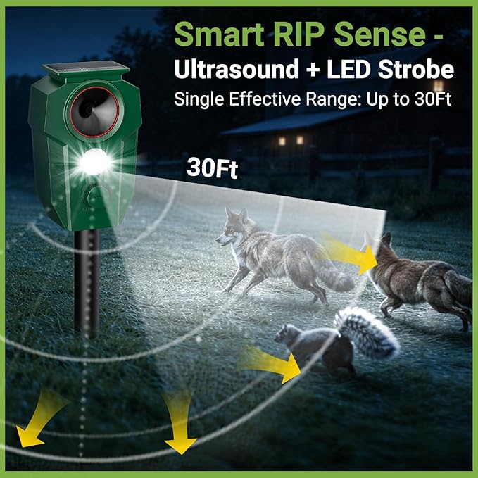 2026 Upgraded Solar Powered Animal Repeller 4 Packs, Ultrasonic Solar Powered Deer Repellent for Outdoor Yard Lawn Repel Coyote Raccoon Cat Deterrent with Motion Sensor & Flashing Light