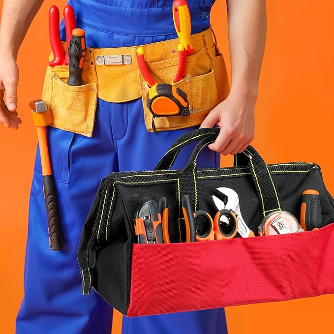 Sanwuta 3 Pack Tool Bag for Men with Waterproof Hard Bottom, Heavy Duty Tool Bag Wide Mouth Tote for Various Instrument, Electrician Carpenter Mechanic(Black Red, Blue, Yellow,16 Inch,Classic)
