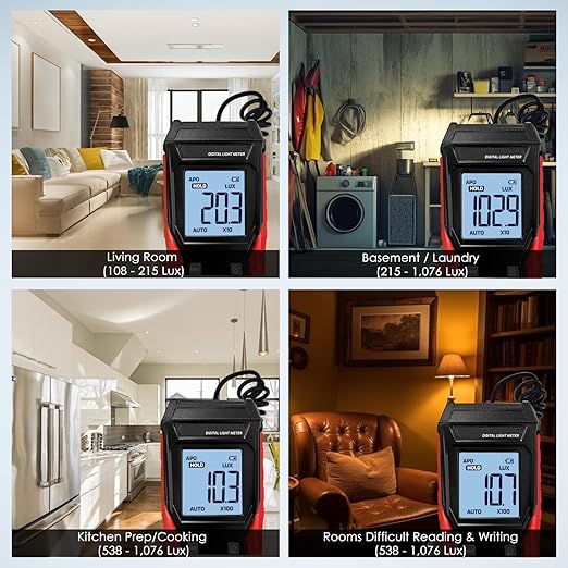 Digital Illuminance Light Meter with Flexible Sensor, Rang up to 200,000Lux Luxmeter with Lux/FC Unit Measurement Backlit 4 Digit LCD Display Light Meter Photography for Plants and Lumens LEDs