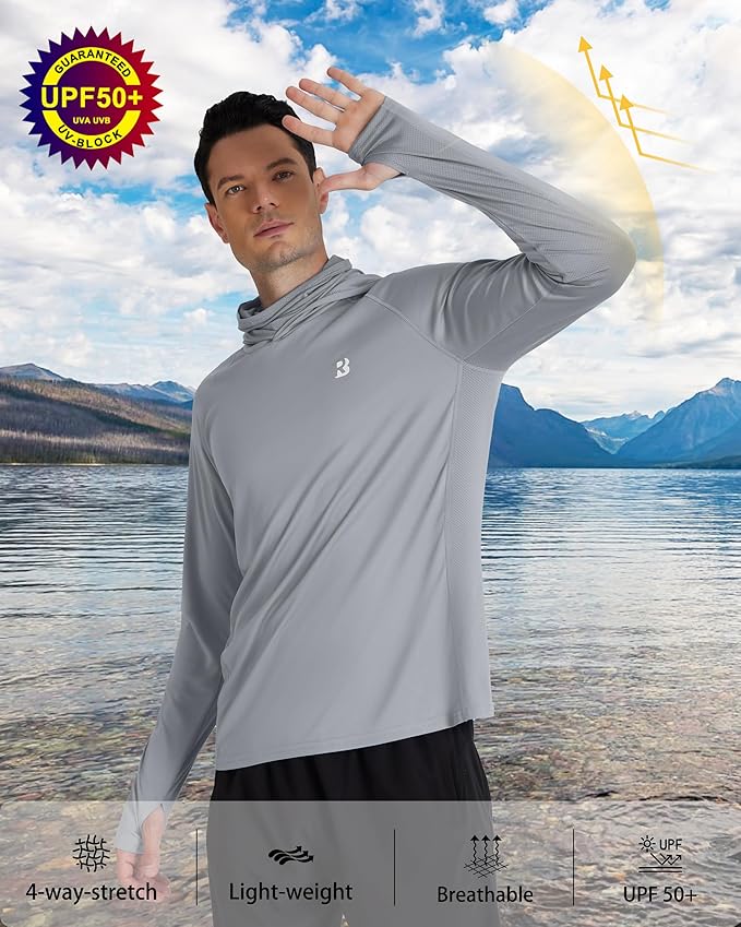 Roadbox Men's UPF 50+ Hooded Fishing Shirts Long Sleeve Sun Protection Hoodie, Hiking Running Swimming Rash Guard with Mask