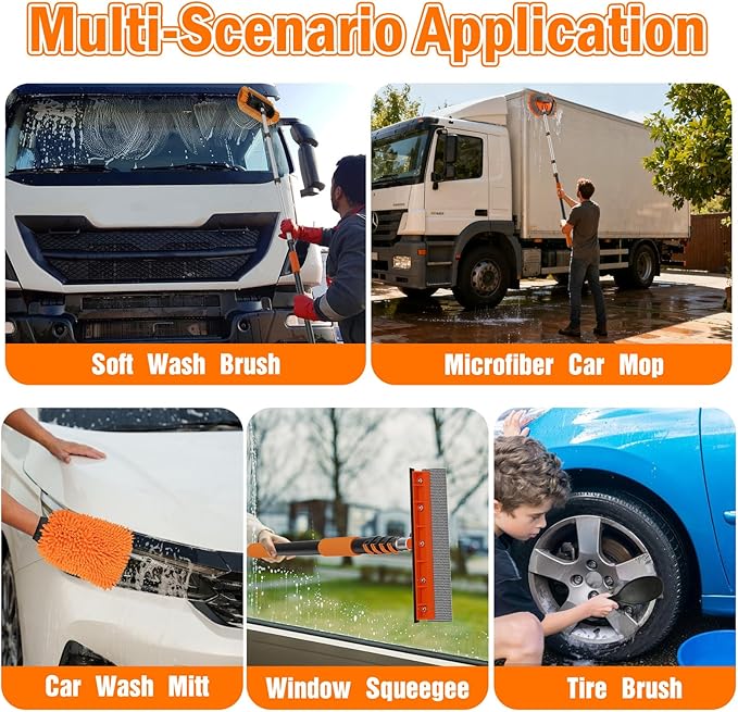 12FT Car Wash Brush with Long Handle, Car Cleaning Kit with Soft Bristle Wash Brush, Microfiber Cleaning Mop, Window Squeegee, Mitt, Wheel Brush for RV, Truck, Boat, House Siding