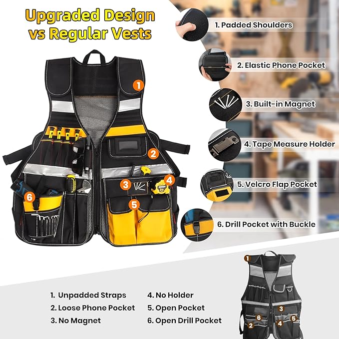 Electrician Tool Vest, Electrician Vest for Men, 21 Compartments, Reflective Workwear with Drill Holster, Adjustable Waist & Upgraded Comfortable Neck Opening