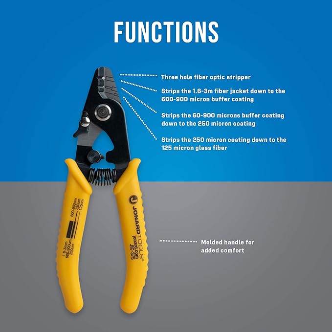 Jonard Tools JIC-375 Three Hole Fiber Optic Stripper – Strips 1.6-3.0mm Jacket, 600-900μm Buffer, 250μm Coating, Precision Tool with Angled Jaw and Safety Lock