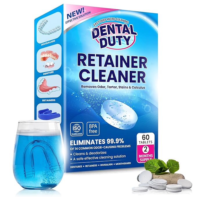 60 units Retainer Cleaner and Denture Cleaning Tablets - Mouthguard Cleaner and Denture Cleaner Tablets Remove Plaque, Odors and Stains from Aligners, Night Guard and Removable Dental Appliances