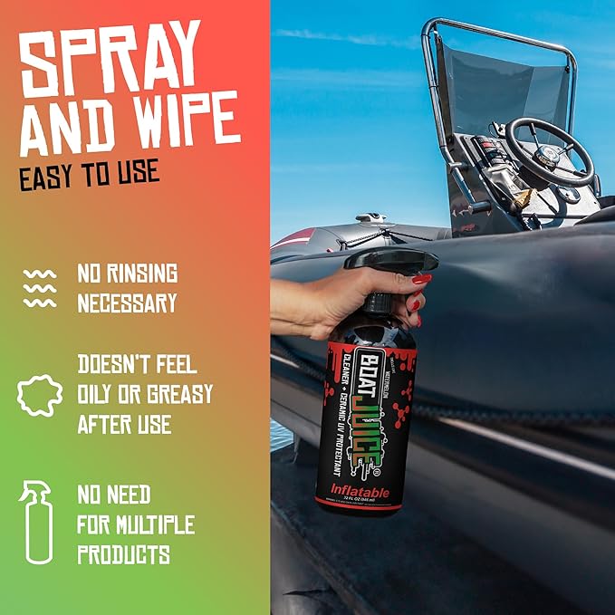Boat Juice Inflatable Boat Cleaner Spray | 2in1 Cleaner & Ceramic UV Protectant | Removes Dirt, Grime, Stains, Water Spots & Provides Maximum UV Protection | Watermelon Scent | Made in USA (32oz)