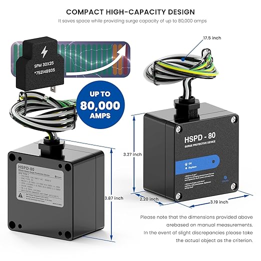 HSPD Square Whole Home Surge Protective Device, Type 1 SPD, Whole House Surge Protector, AC Surge Protection, 120/240VAC (HSPD-80)