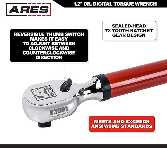 ARES 43001-1/2-Inch Drive Electronic Digital Torque Wrench - 25.1-250.8 ft/lbs (30-340Nm) - Reversible Sealed Head - Multi-Alert System Prevents Over-Torquing