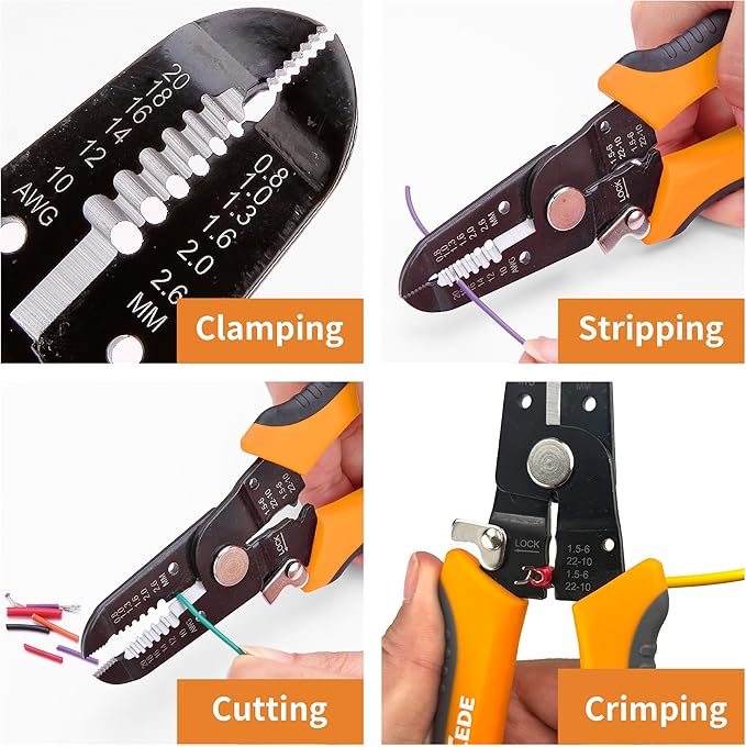 3 in 1 Wire Stripper Tool, 7.5 Inch Wire Stripper/Cutter/Crimping Tool for 10-20 AWG Solid and Stranded Wires, Come with Safety Lock & Invisible Spring, Made of 65Mn for Durability