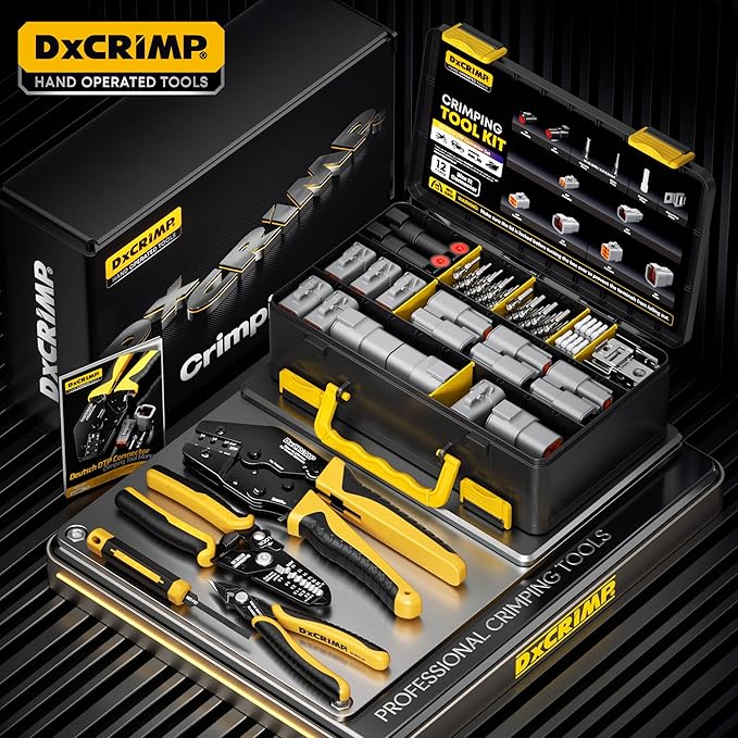 DTP Connector Crimping Tool Kit, 1/2/4/6 Pin 25A Waterproof Automotive Electrical Connectors, Size 12 Stamped Contacts (14-10 AWG), Ratcheting Crimper & Removal Tool, Compatible Deutsch DTP