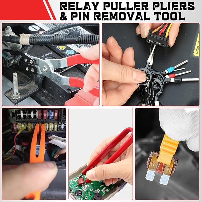 4Pcs Electrical Disconnect Pliers for Cars, Automotive Electrical 60 Degree Connector Pliers Connector Separator Hose Clamp Plier with Relay Puller Plier and Terminal Pin Removal Tool for Cars