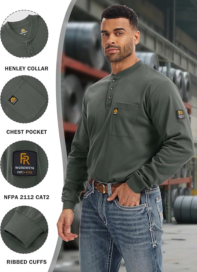 WORKWEYA 6.5oz Flame Resistant Henley Shirt 100% Cotton Lightweight FR Shirts for Men