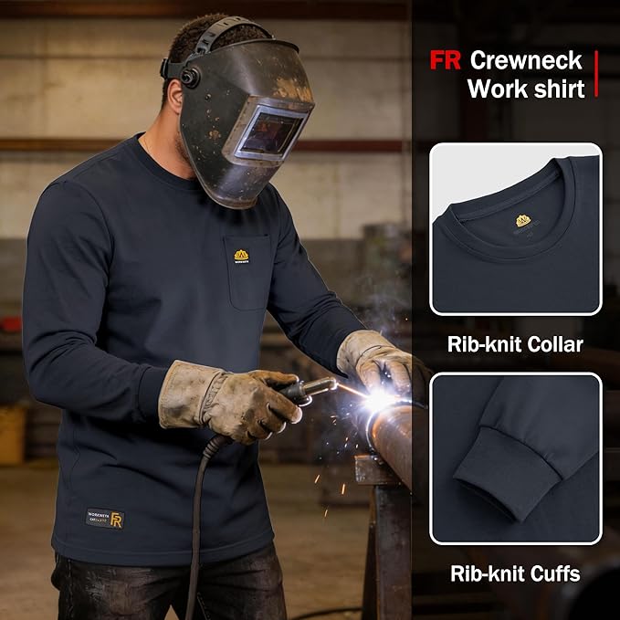 WORKWEYA Men's FR Shirts 6.5oz Lightweight Long Sleeve Flame Resistant T-Shirt NFPA 2112/CAT2