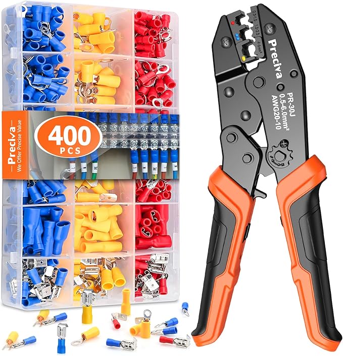 Preciva Crimping Tool Kit for Insulated Wire Connectors, AWG20-10 Ratcheting Wire Terminal Crimper with 400Pcs Insulated Connectors