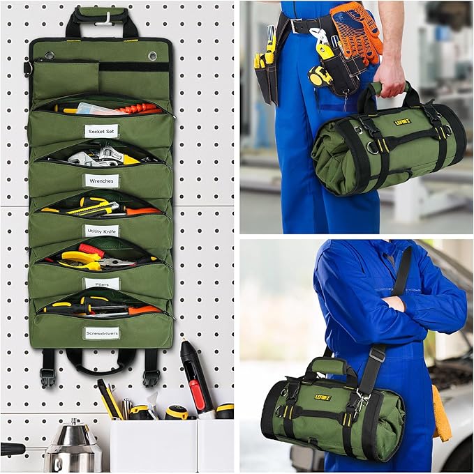 Tool Bag,Large Roll Up Tool Bag Organizer,13 Pockets Tool Roll Storage Pouch,Heavy Duty Portable Tool Storage Carrier Bag for Men,Mechanic,Electrician,Valentines Day Gifts for Men,Green