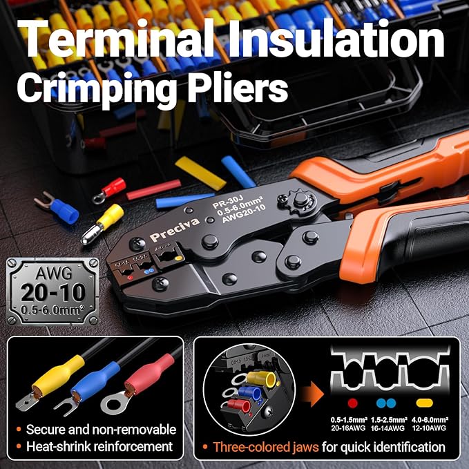 Preciva Crimping Tool with 490PCS Insulated Terminals and 110 Heat Shrink Tubes, AWG 20-10 Ratchet Crimping Pliers with Storage Case for Car, Electric