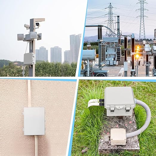Waterproof Junction Box ABS Plastic, Outdoor Electrical Box IP67 Hinged Cover Project Box with Mounting Plate Wall Brackets and 2 Cable Glands, Grey Electrical Enclosure 5.9"x5.9"x3.5"